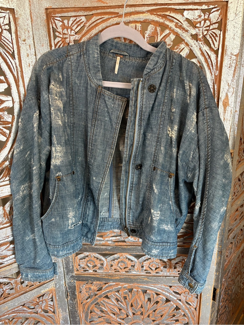 Free People Distressed Light-Blue Denim Jacket